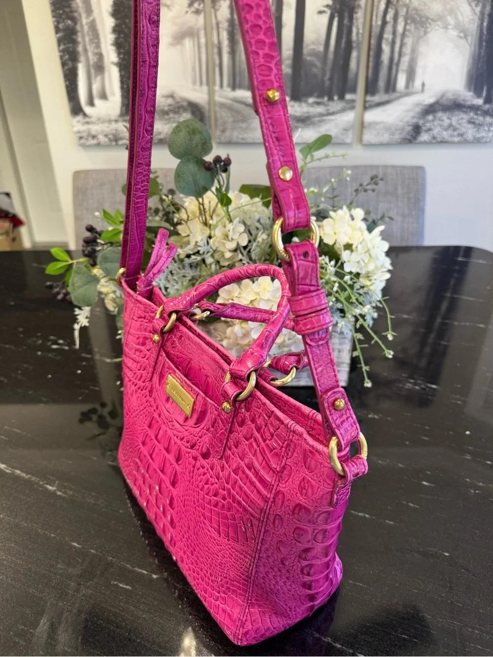 🩷🐊Brahmin Mini Asher Satchel Fuchsia Croc Embossed Leather Crossbody Pink